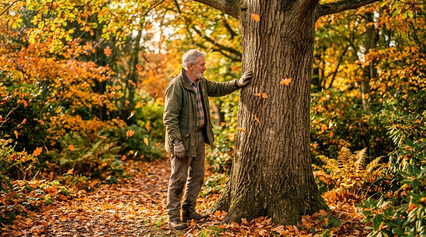 Jardinier touchant l'écorce d'un arbre en automne