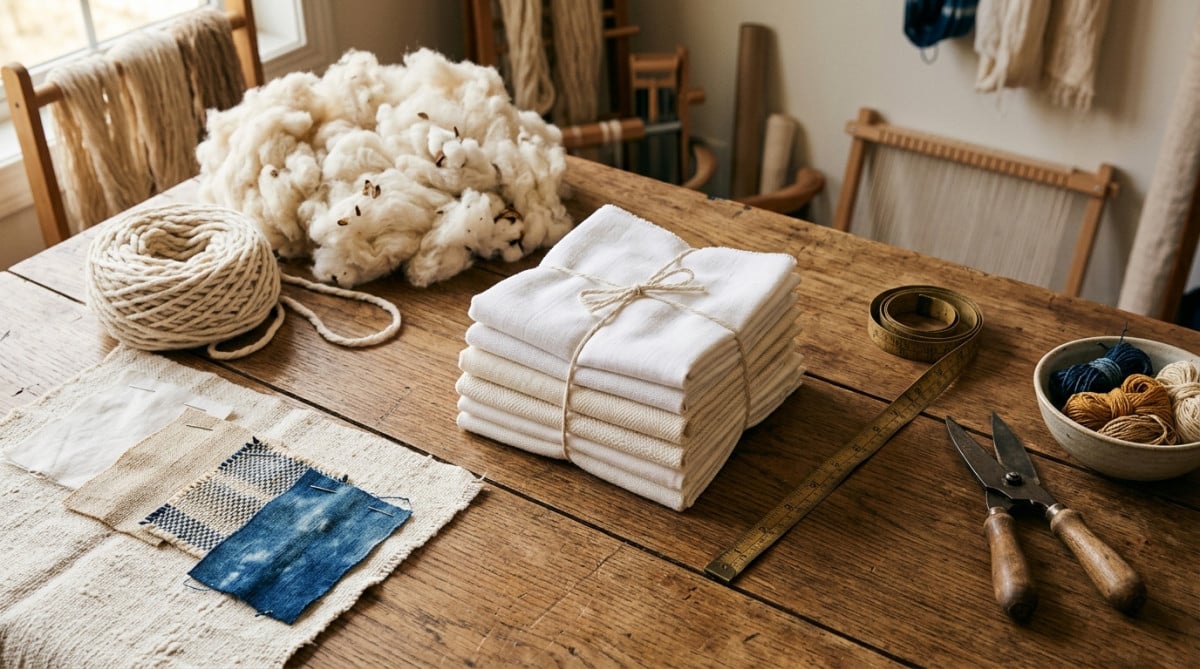 Fibres de coton brut et tissu blanc plié