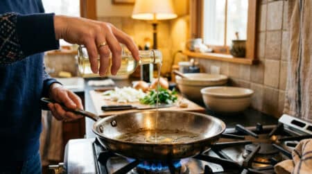 Filet d'huile versé dans une poêle chaude