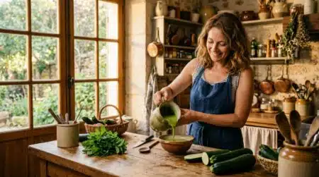 Femme souriante servant un velouté froid de courgettes