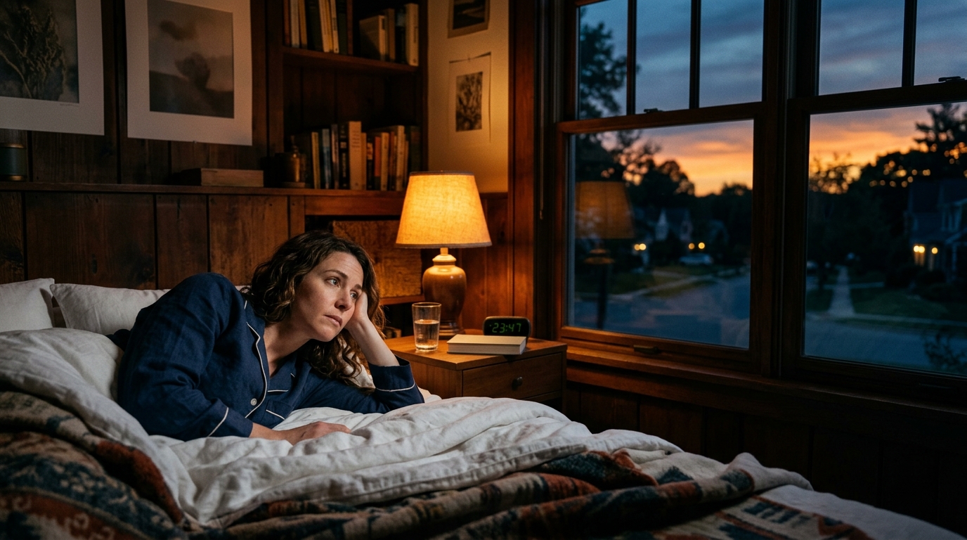Personne allongée éveillée dans son lit la nuit