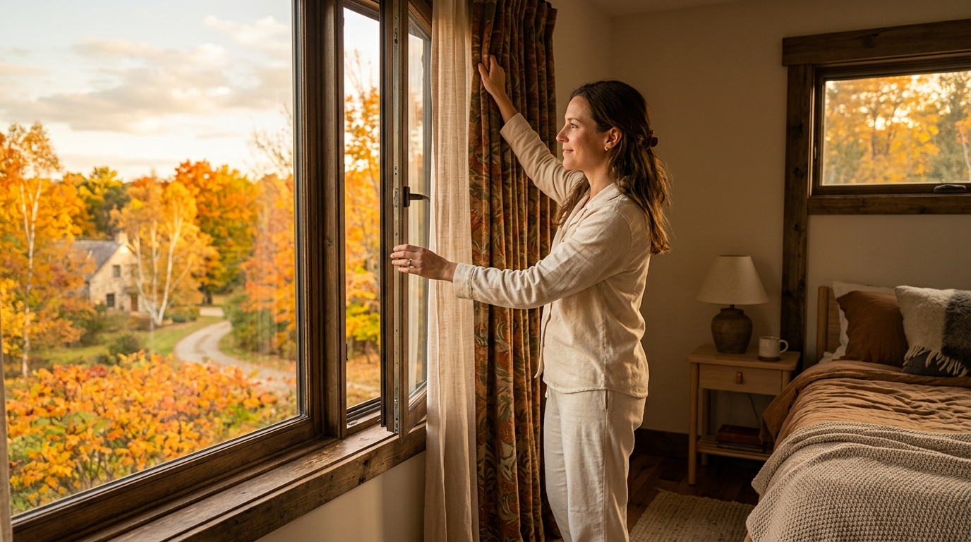 Femme aérant sa chambre en fin d'après-midi