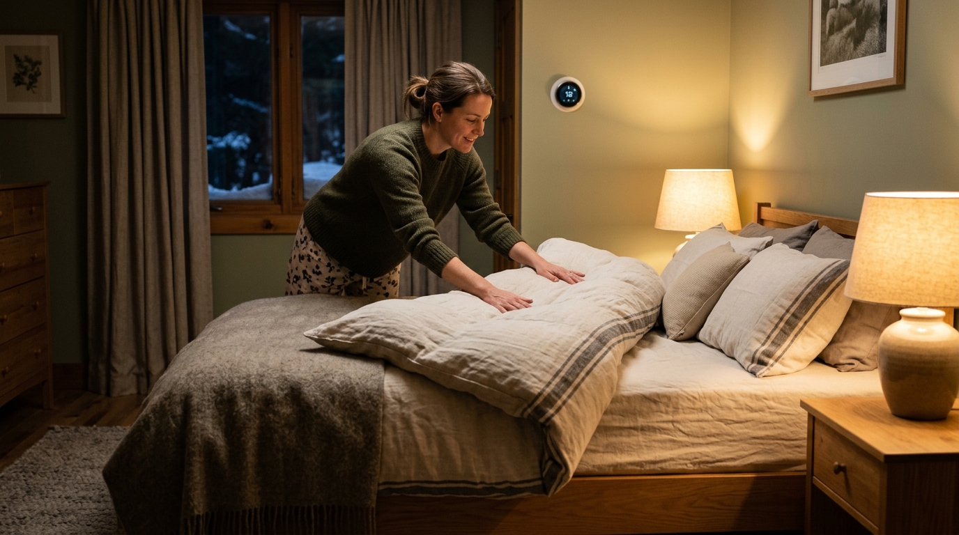 Personne ajustant sa couette dans une chambre chaude