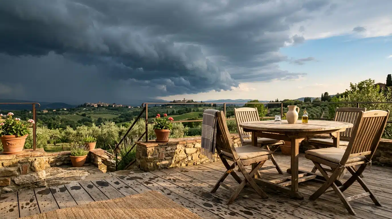 Terrasse ensoleillée sous un ciel d'orage qui arrive