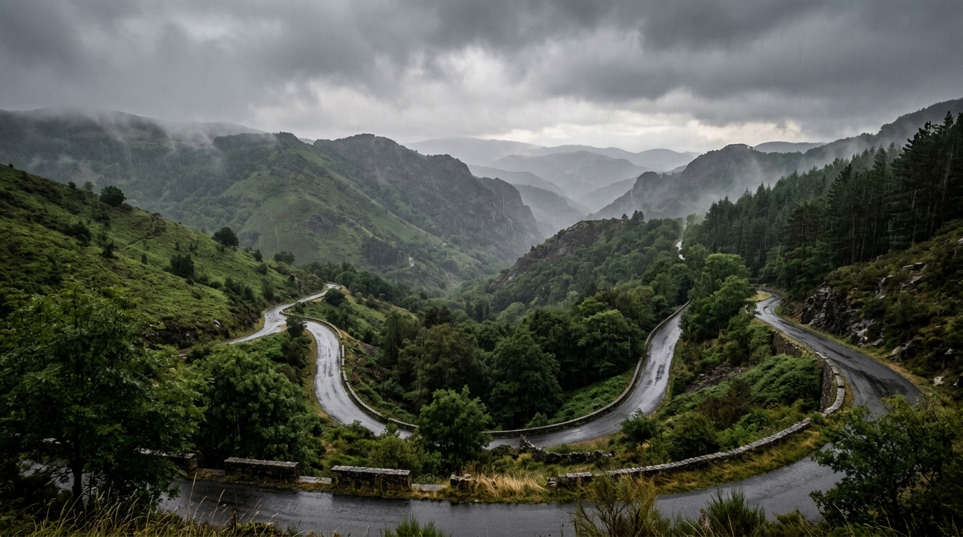 Collines des Cévennes sous une pluie dense et brumeuse