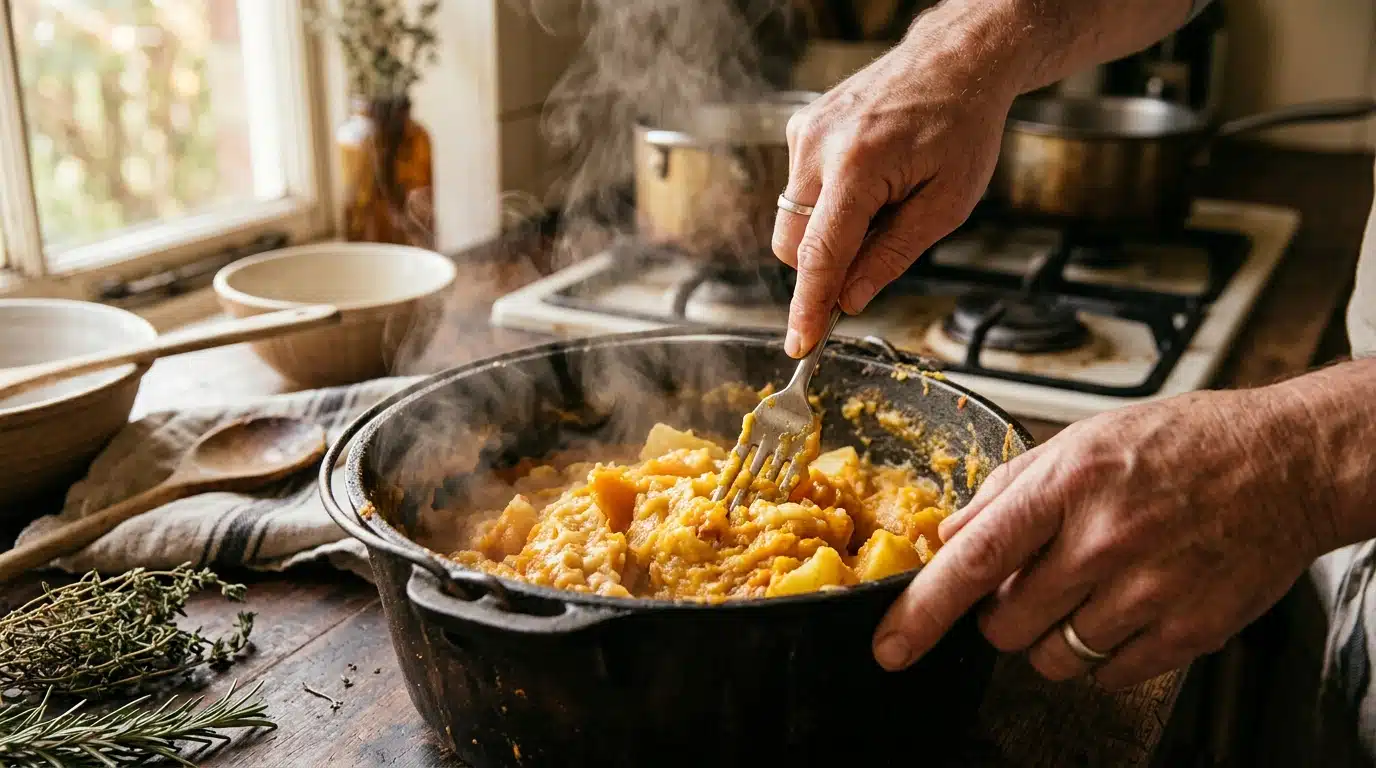 Purée de potiron et pommes de terre écrasée à la fourchette
