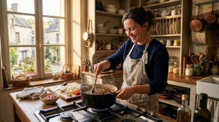 Femme souriante préparant des lentilles aux lardons