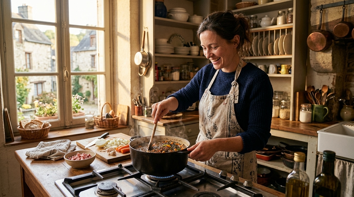 Femme souriante préparant des lentilles aux lardons