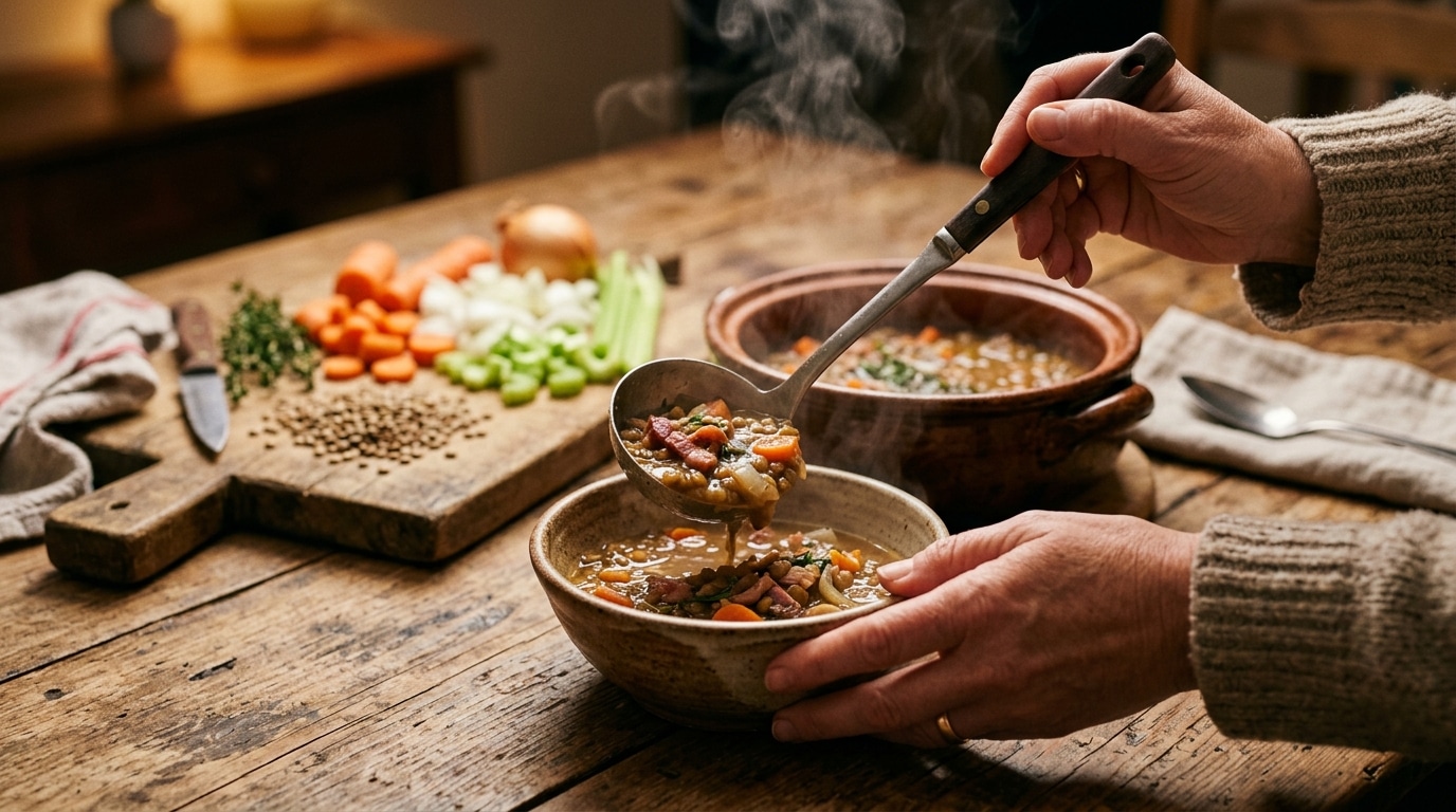 Bol de lentilles et lardons servi à table
