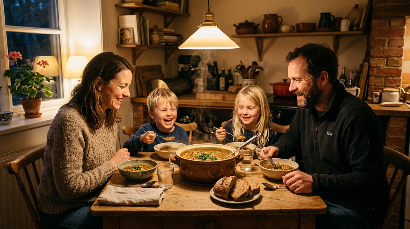 Famille partageant un plat de lentilles en cuisine