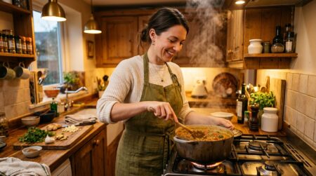 Femme souriante cuisinant un dahl de lentilles maison