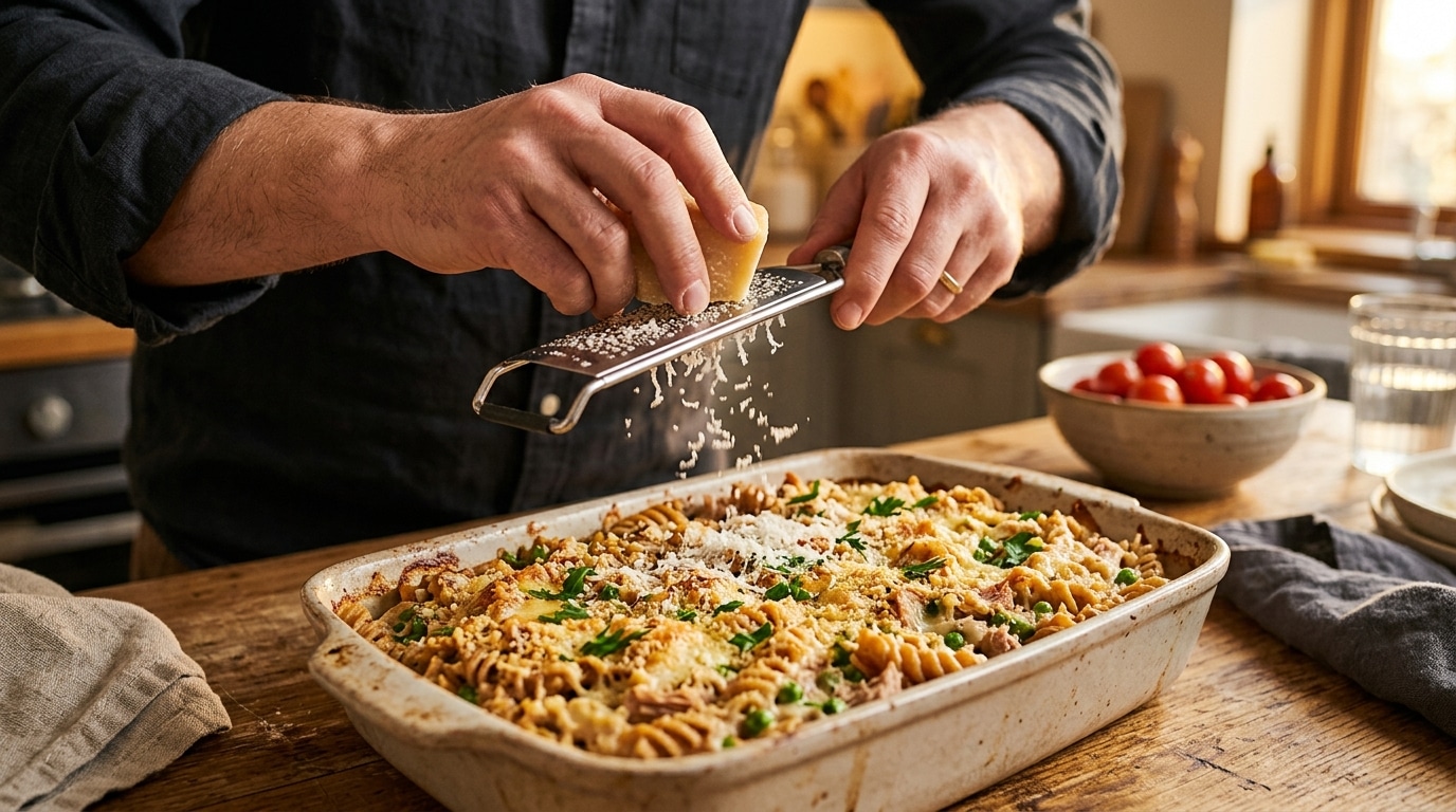 Gratin de pâtes complètes au thon gratiné au four