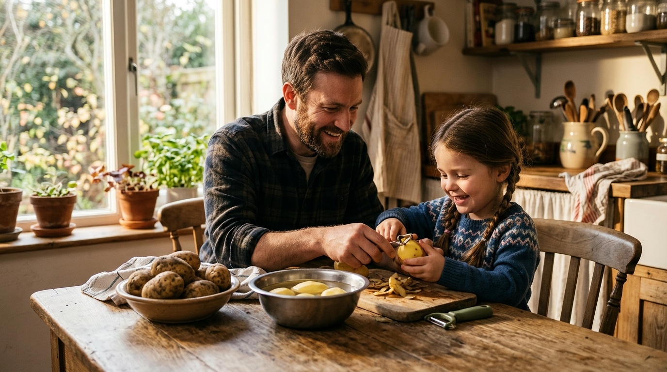 Père et enfant épluchant des pommes de terre en cuisine