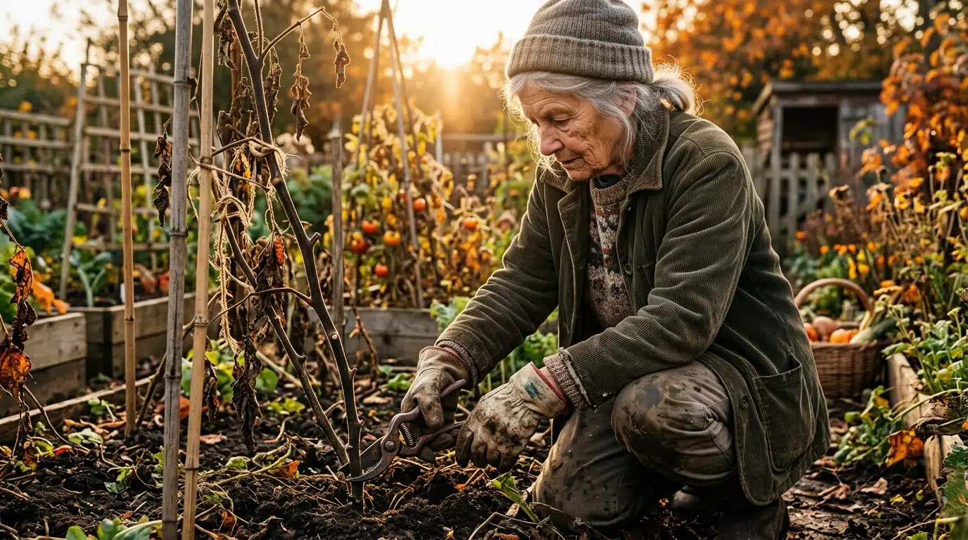 Jardinier coupant un pied de tomate au sécateur