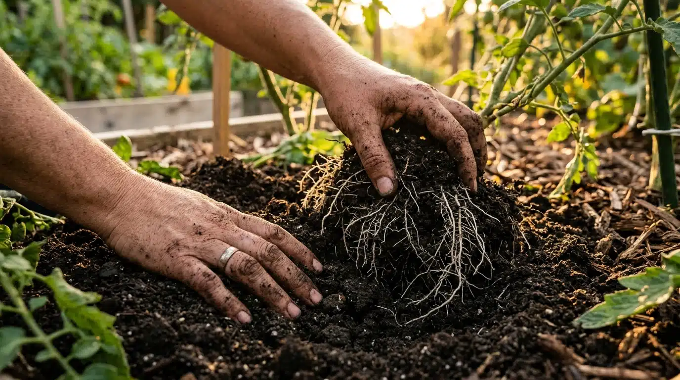 Racines de tomates laissées dans la terre
