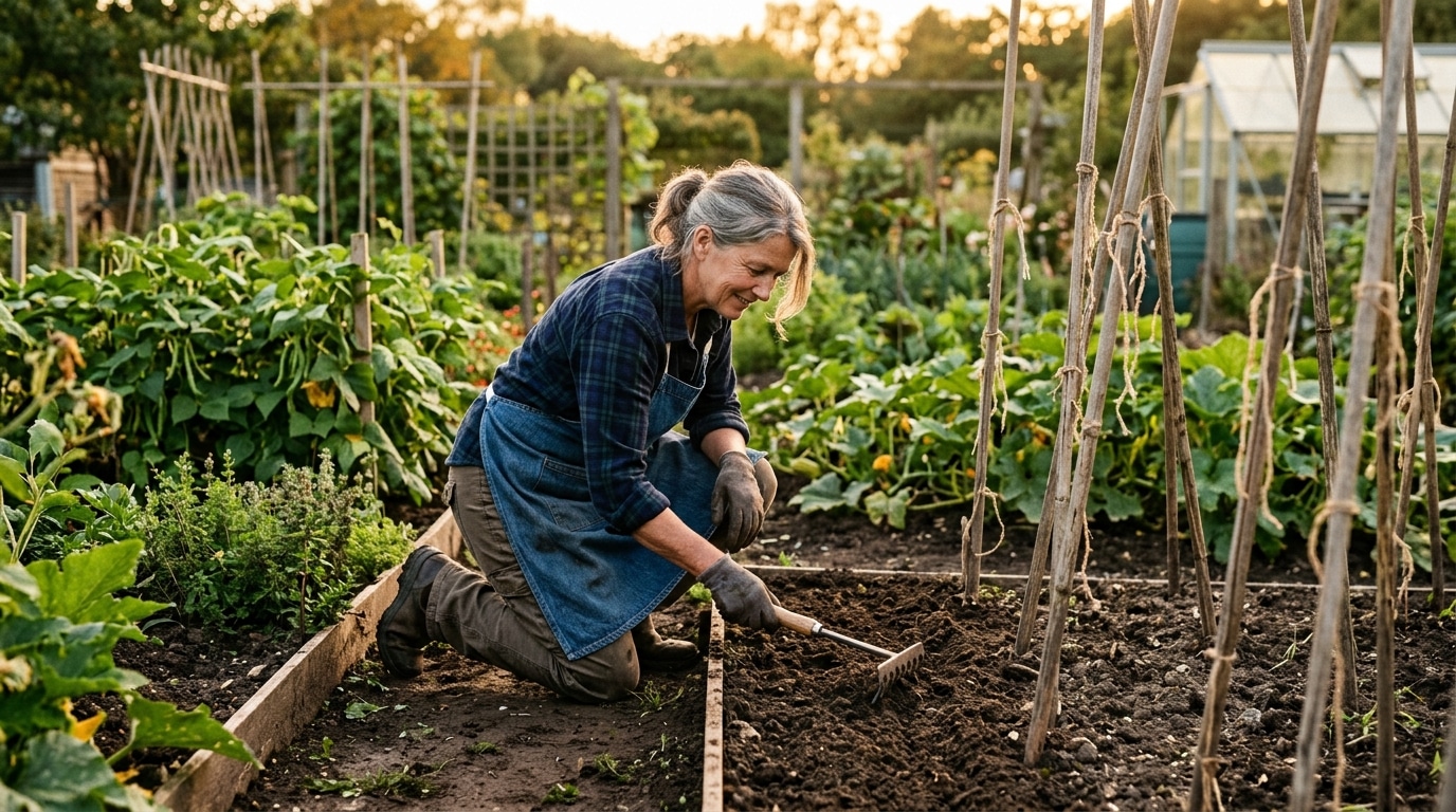 Jardinier préparant les rangs pour les semis de fin d'été