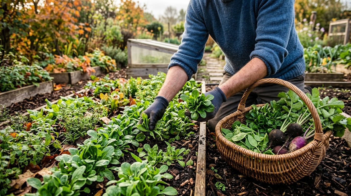 Récolte de mâche et radis d'hiver au potager d'automne