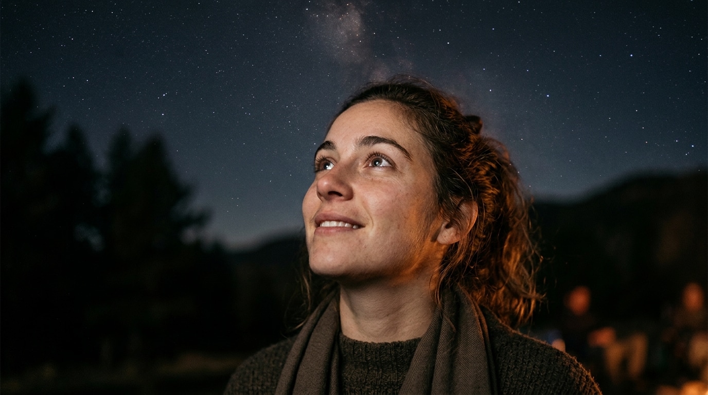 Visage émerveillé regardant le ciel étoilé la nuit