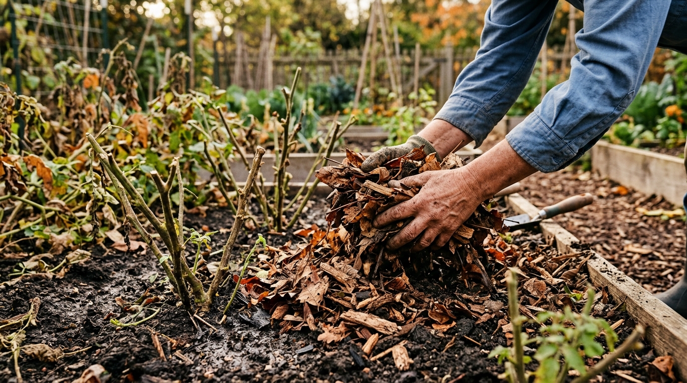 Mains étalant du paillage sur un potager en automne