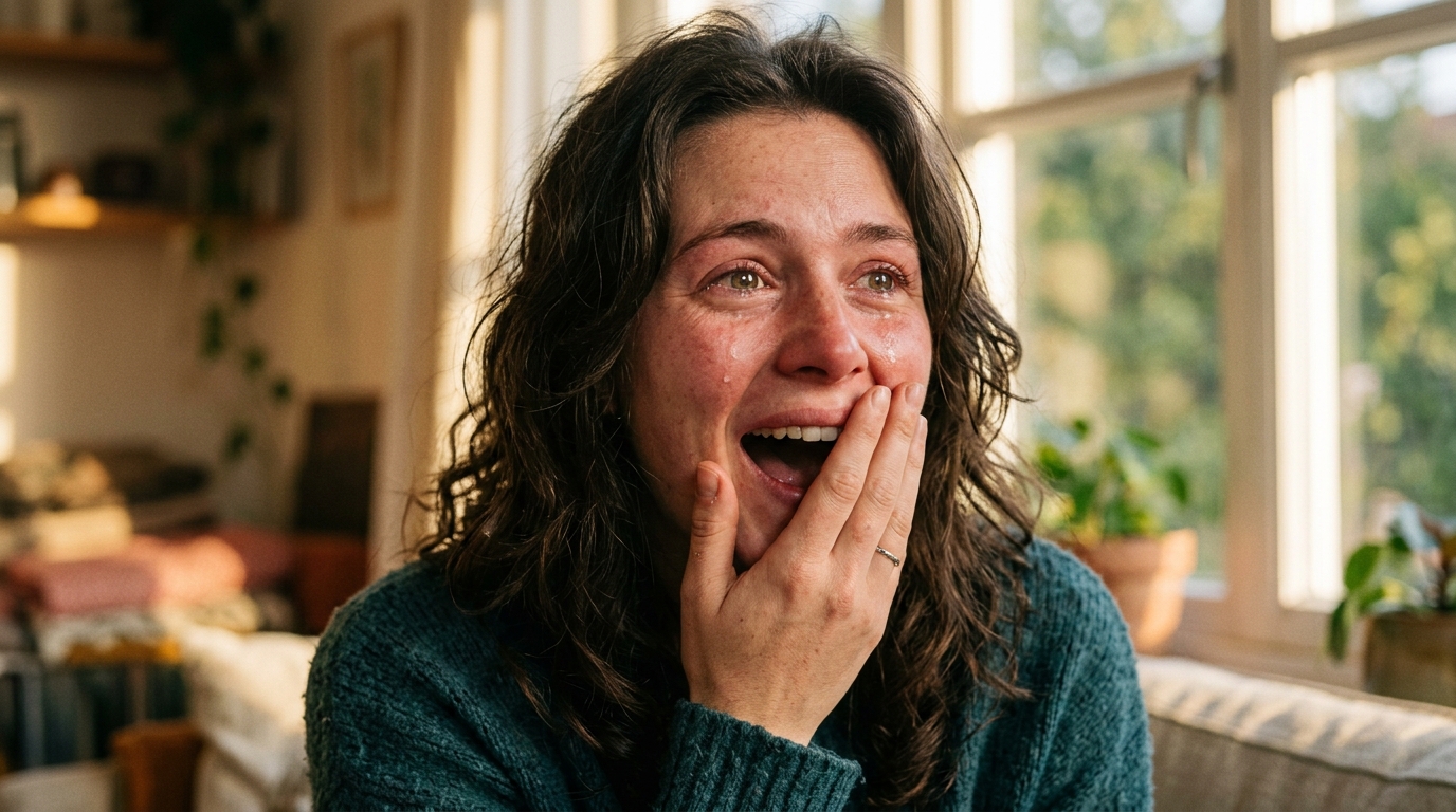 Jeune femme émue recevant une bonne nouvelle inattendue