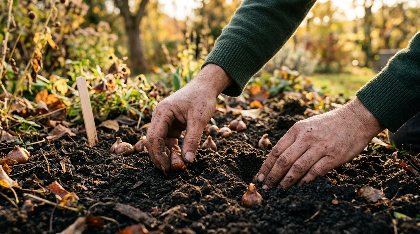 Mains plantant des bulbes dans la terre d'automne