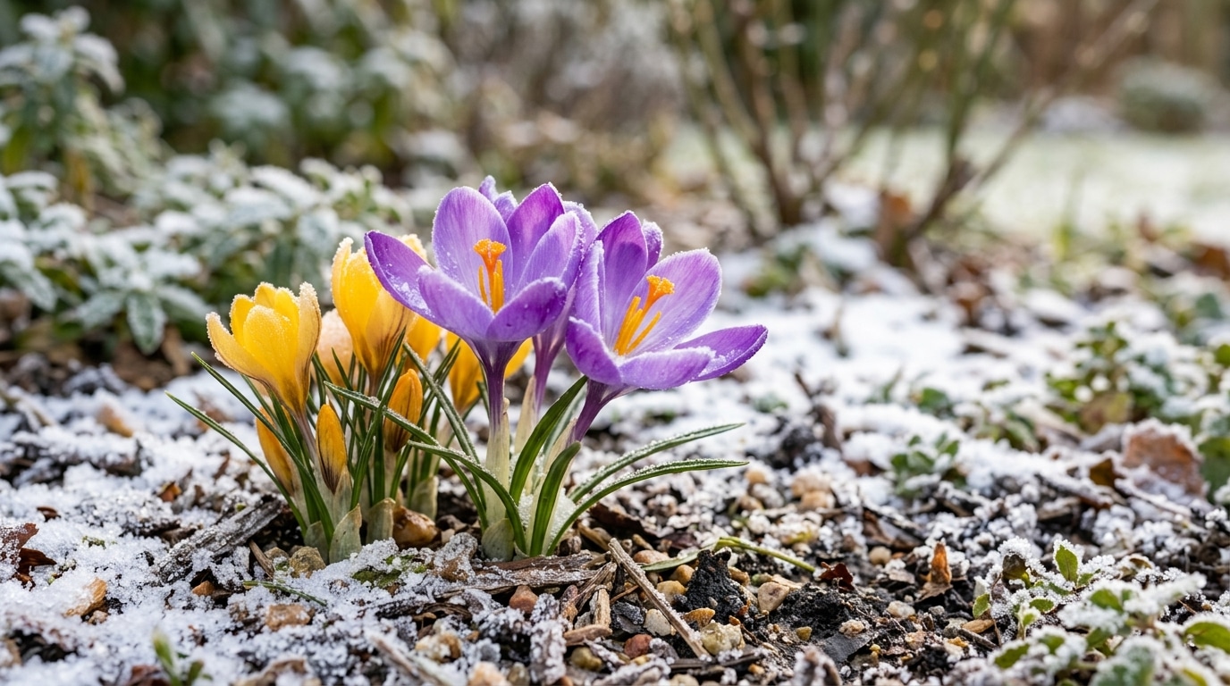 Crocus violets en fleurs dans la neige légère