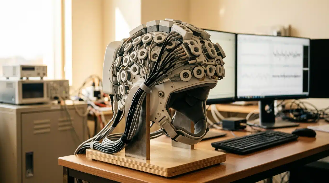 Casque de magnétoencéphalographie posé en laboratoire
