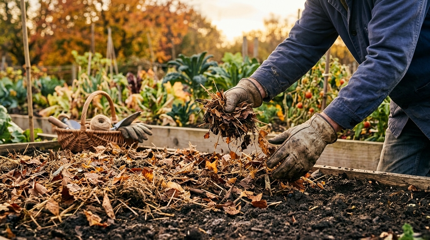 Mains étalant du paillage de feuilles sur le potager