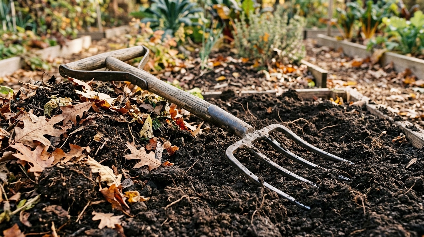 Grelinette posée sur terre aérée et compost