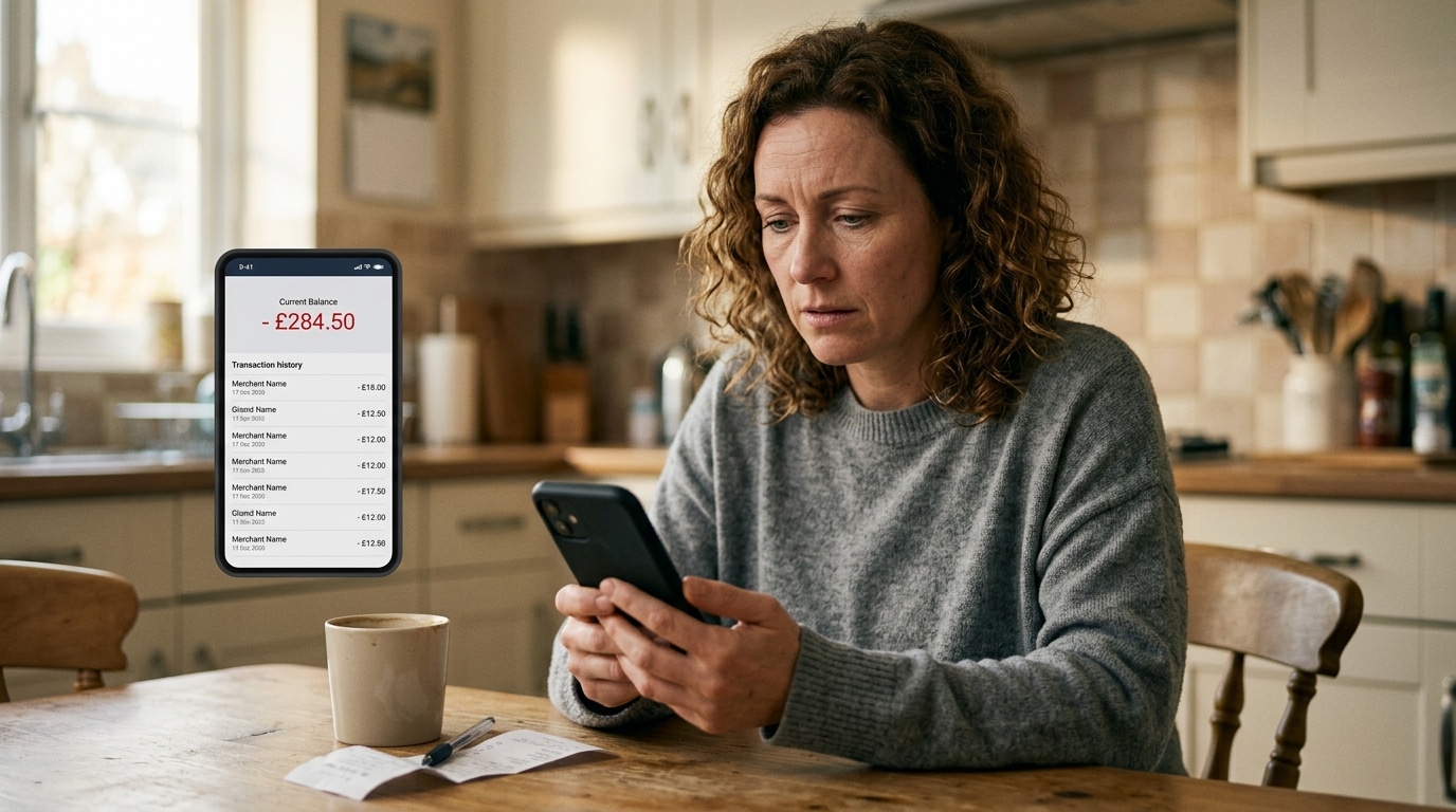 Personne inquiète consultant son solde négatif sur smartphone
