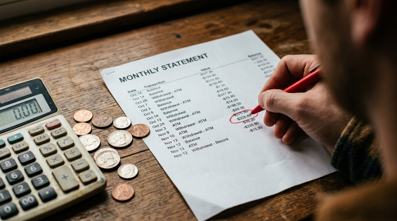 Relevé bancaire et calculatrice avec chiffre négatif entouré