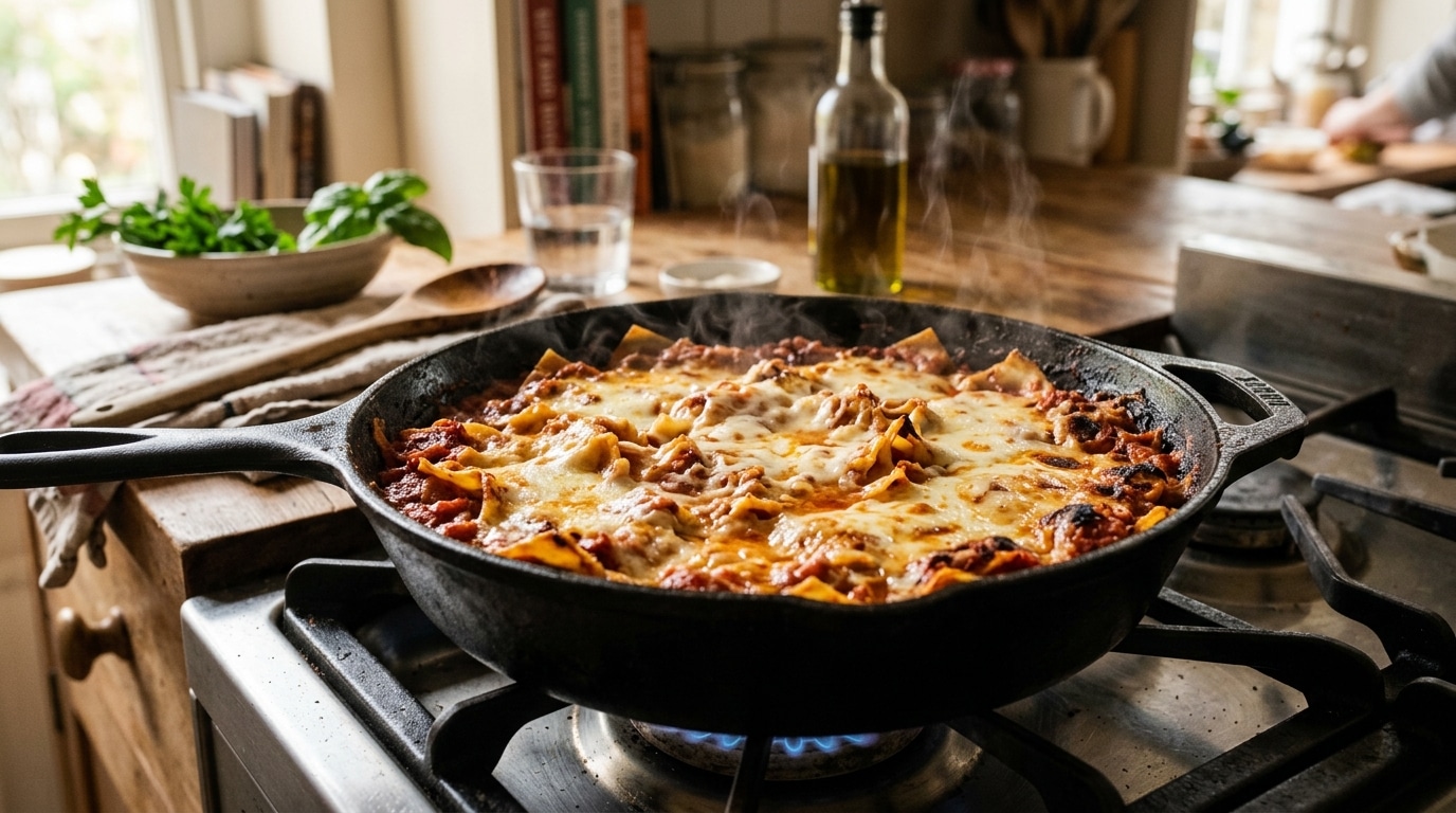 Poêle fumante remplie de lasagnes fondantes et gratinées