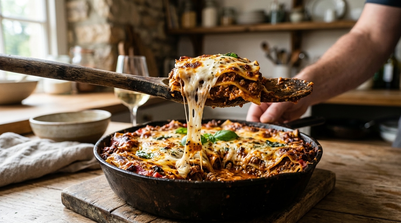 Cuillère en bois soulevant des lasagnes filantes et fromagées