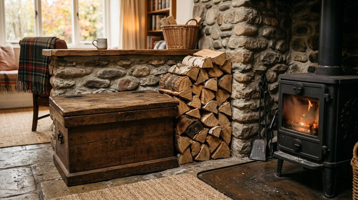 Caisse en bois fermée remplie de bûches empilées
