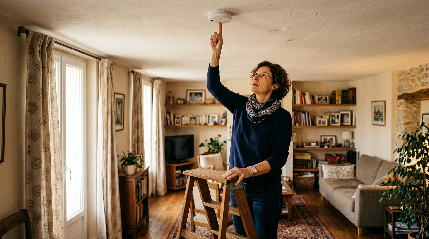 Femme teste le bouton du détecteur de fumée au plafond