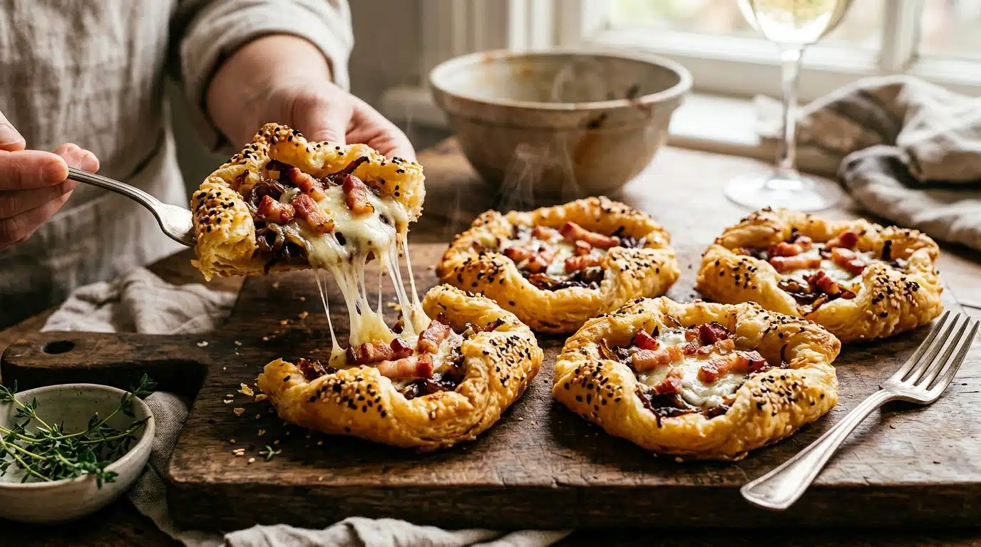 Tartelettes feuilletées lardons oignons caramélisés mozzarella fondante