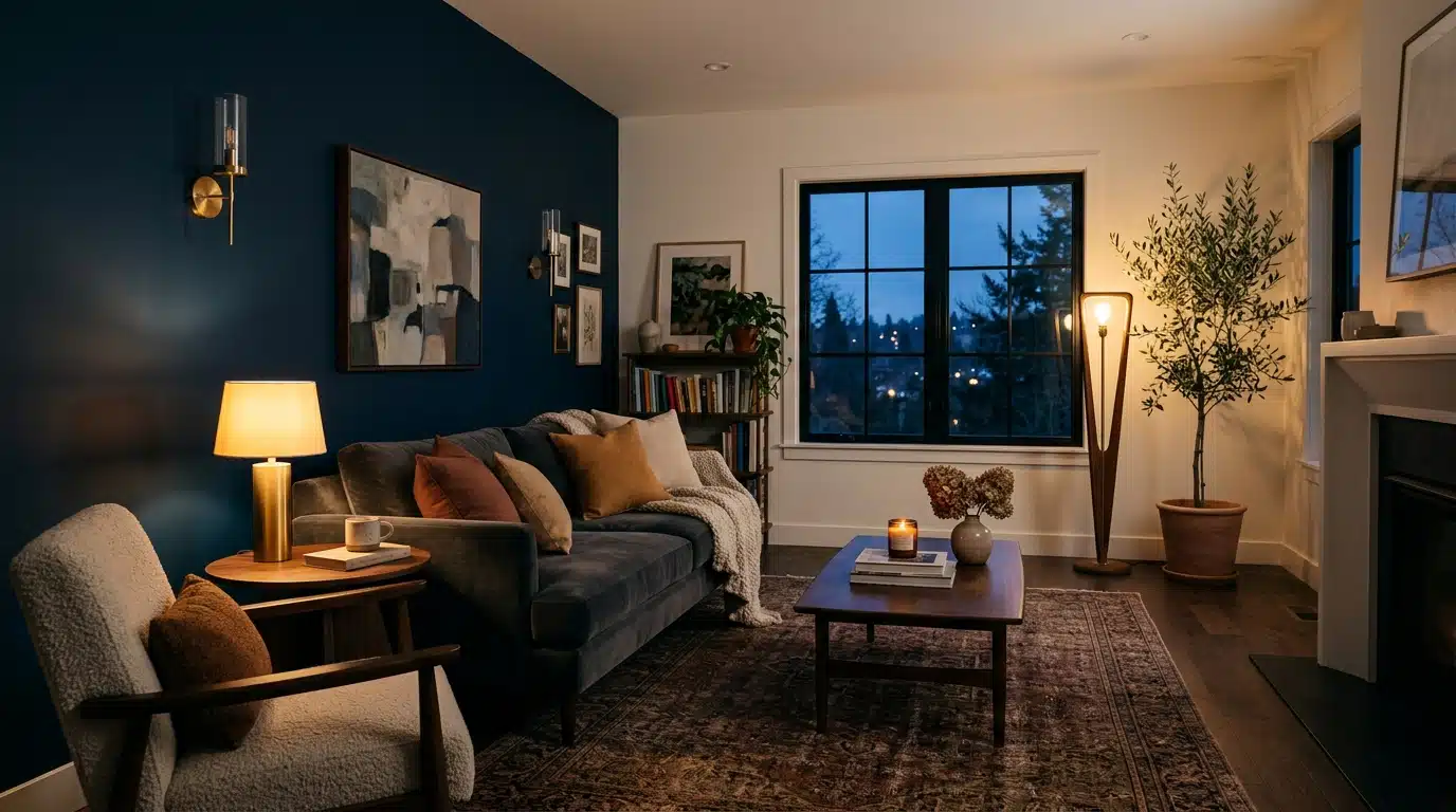 Salon avec un mur peint en bleu nuit et lampes