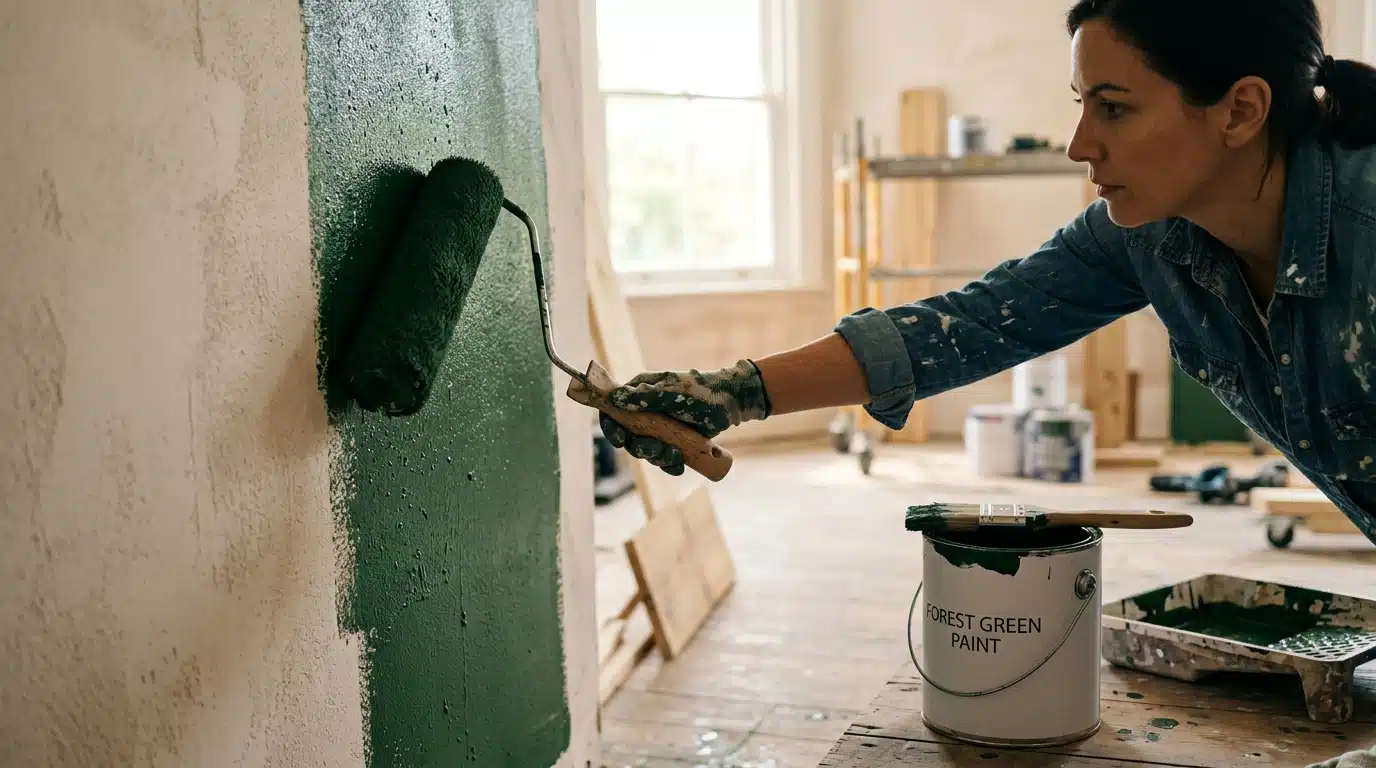 Rouleau appliquant une peinture verte sur un mur