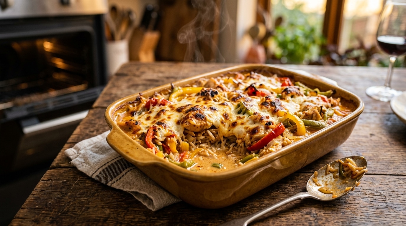 Plat au four rempli de poulet riz mozzarella doré