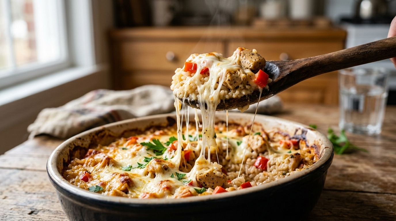 Cuillère soulevant du riz crémeux et fromage fondant