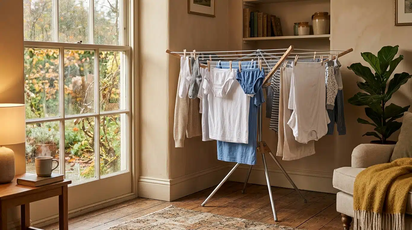 Séchoir parapluie déplié avec linge dans un salon