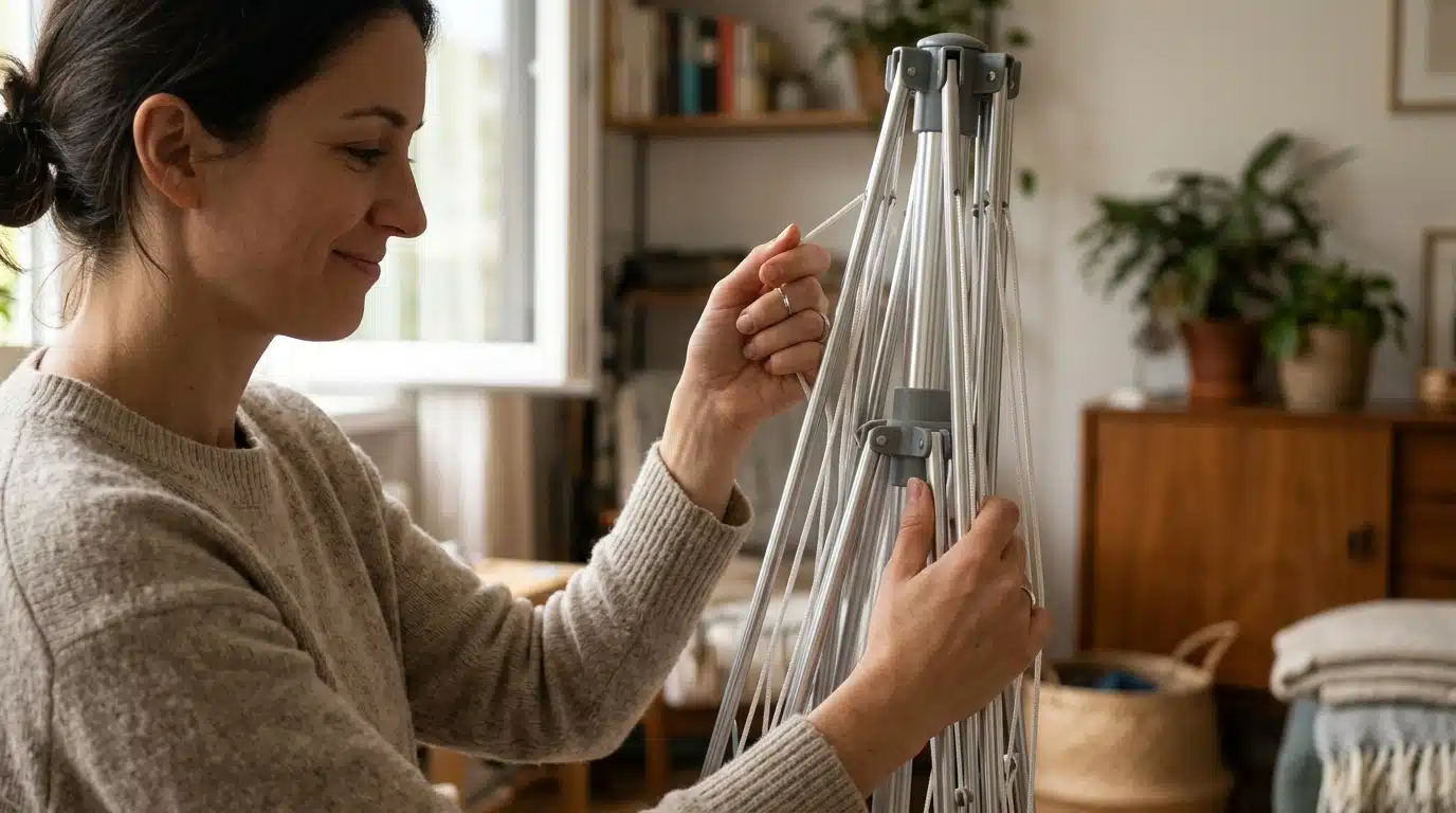 Main repliant le séchoir compact dans l'entrée