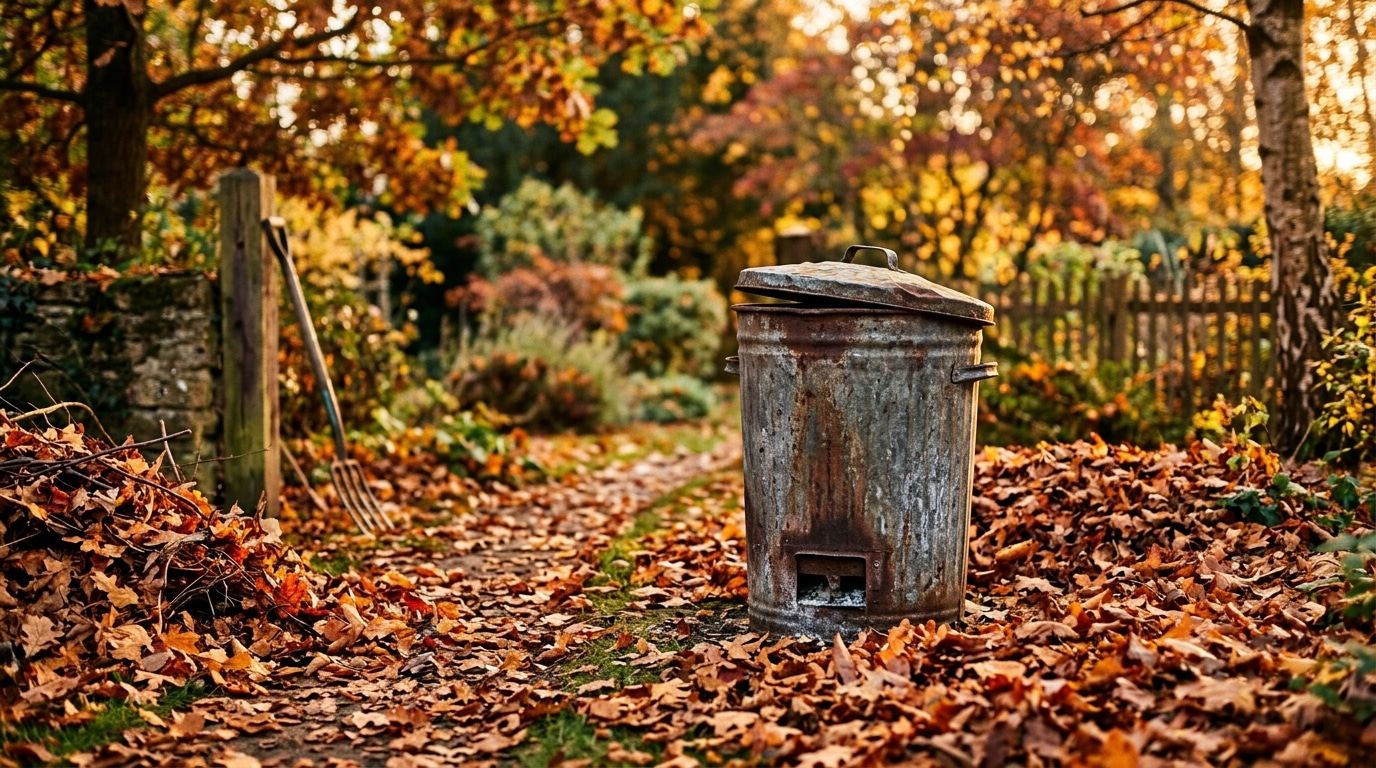 Incinérateur métallique posé au milieu de feuilles mortes