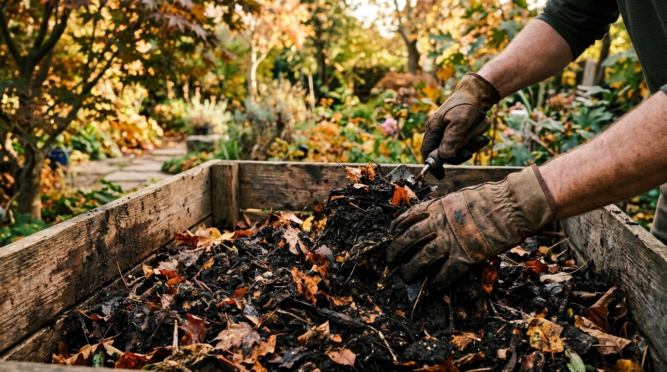 Mains retournant du compost avec des feuilles