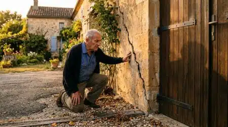Homme examinant une fissure sur le mur de sa maison