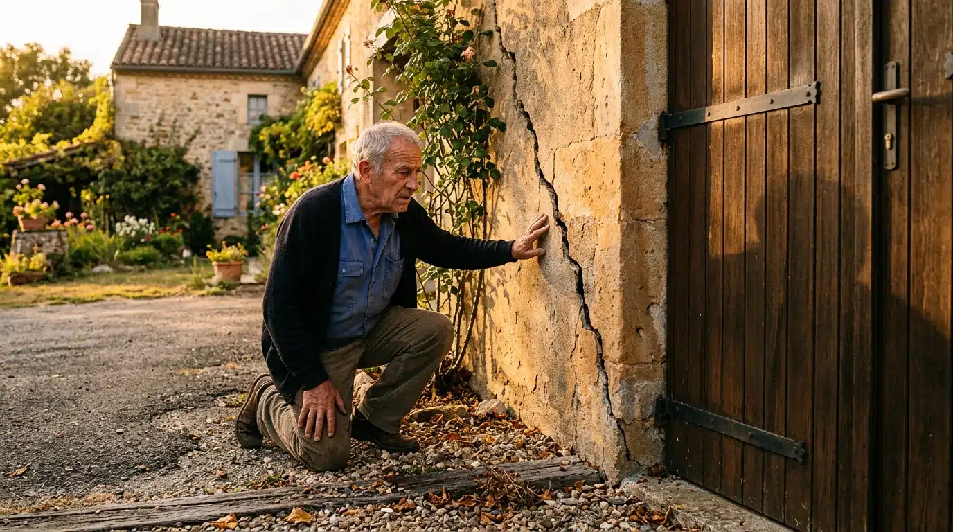 Homme examinant une fissure sur le mur de sa maison