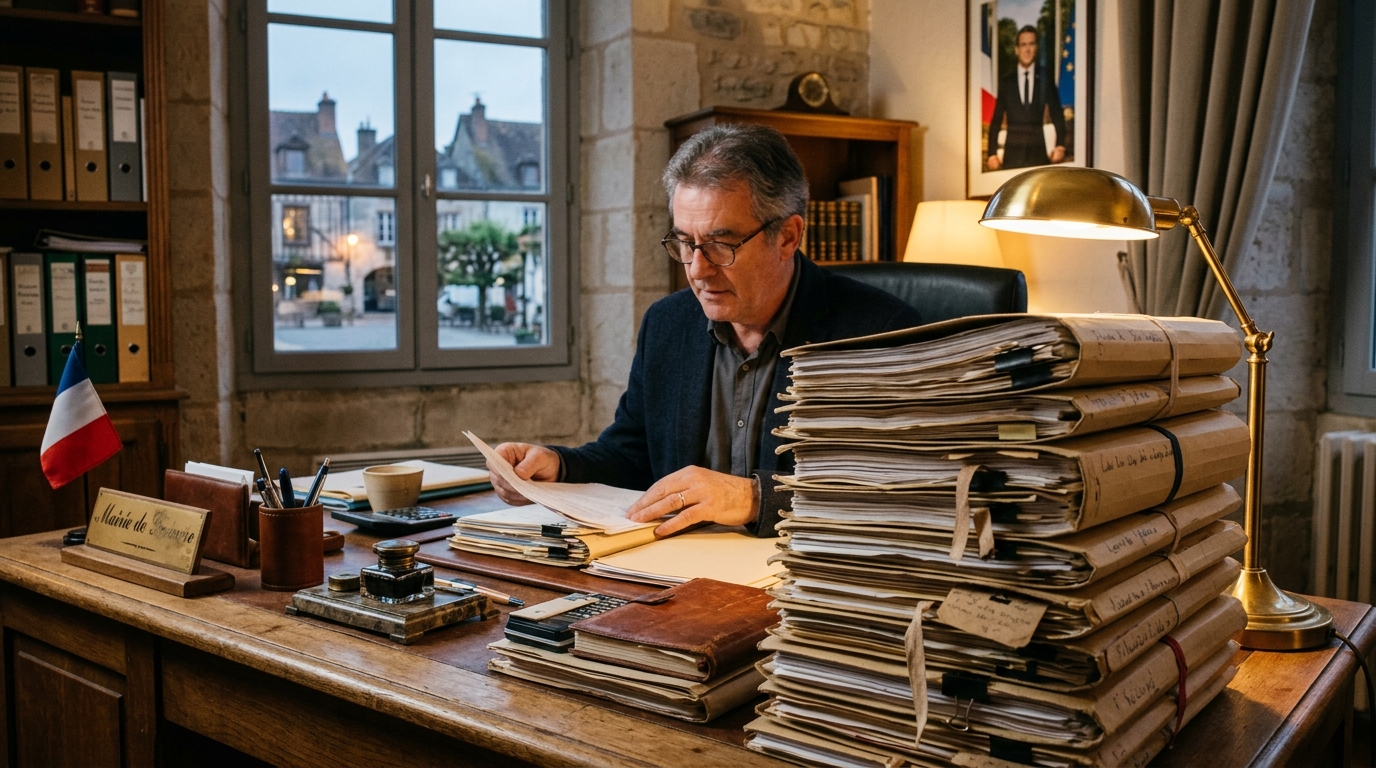 Pile de dossiers de sinistrés sur un bureau de mairie
