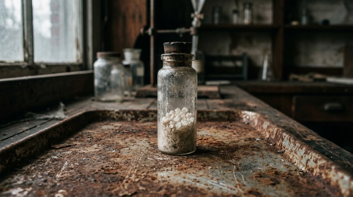 Flacon ancien de pénicilline sur plateau métallique