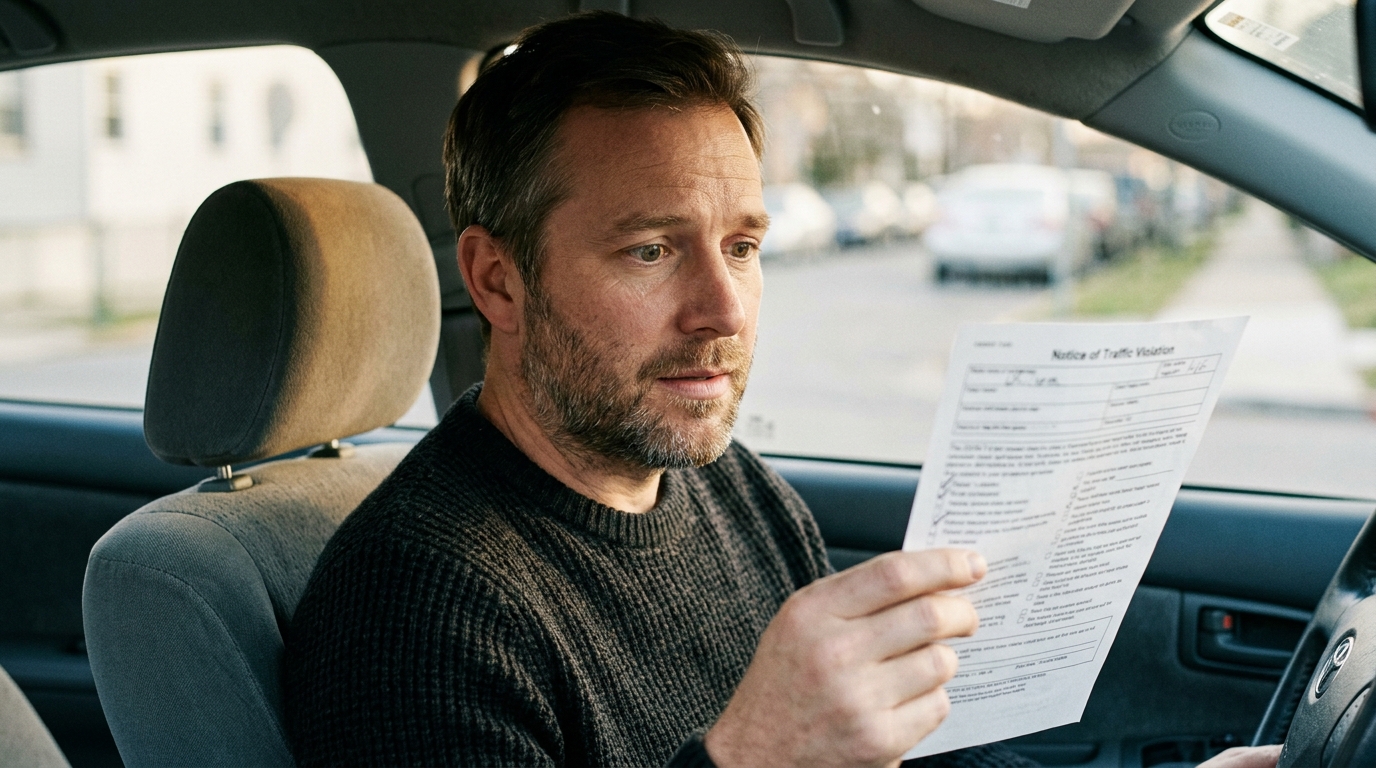 Automobiliste tenant un avis de contravention dans sa voiture