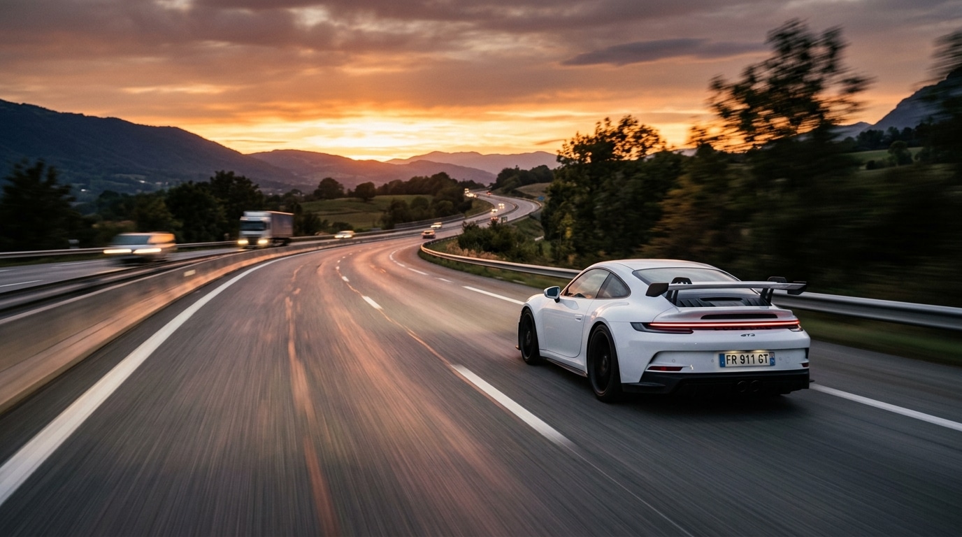 Porsche blanche filée à pleine vitesse sur autoroute